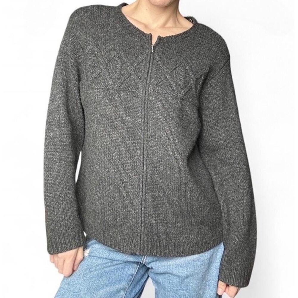 Vintage Talbots 100% Lambs Wool Womens Gray Full Zip Diamond Knit Sweater Size M